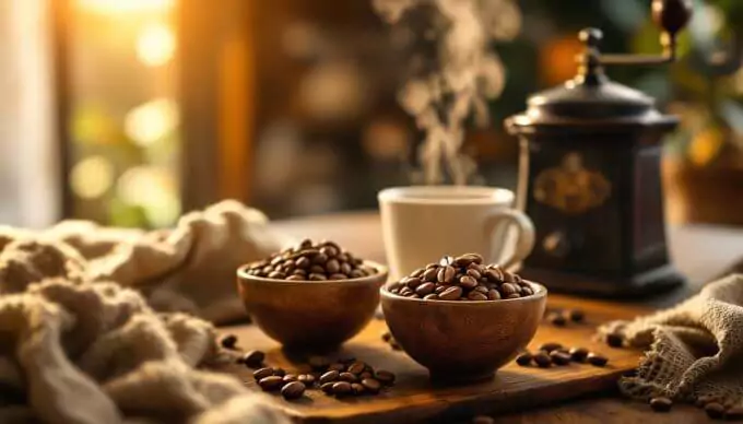 Beragam jenis biji kopi seperti Arabika, Robusta, Liberika, dan Ekselsa tersaji dalam mangkuk di atas meja kayu dengan suasana tenang