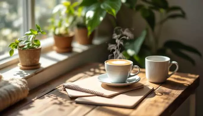 Secangkir kopi di pagi hari di atas meja kayu rustik, ditemani notebook terbuka dan suasana tenang di sudut ruang minimalis