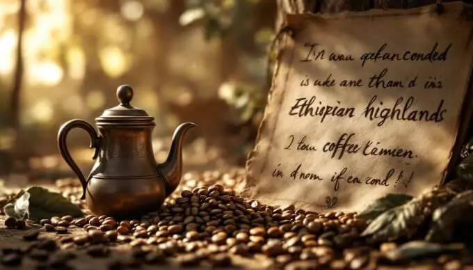 Ilustrasi nostalgia biji kopi kuno di dataran tinggi Ethiopia dengan cahaya matahari lembut, pot kopi tradisional jebena, dan nuansa sejarah biji kopi yang tenang.